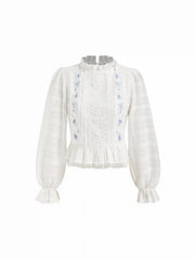 Cotton-blend Round Neckline Lace Panel Floral Lantern Sleeve Blouse