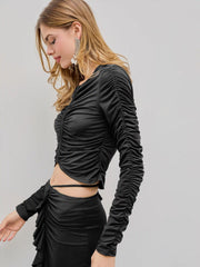 Round Neck Cut Out Ruched Long Sleeve Top
