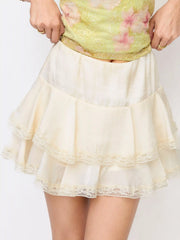 Satin Mid Rise Layered Lace Trim Mini Skirt
