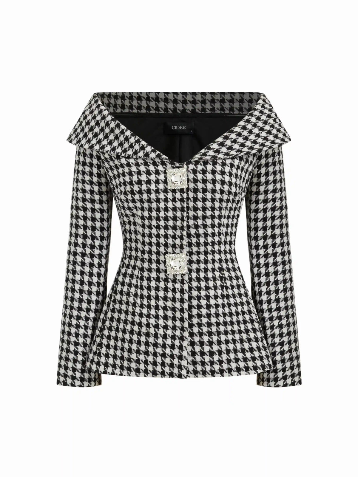 Tweed Houndstooth Collar Rhinestone Detail Cinched Waist Blazer