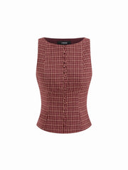 Cotton Boat Neck Plaid Backless Cut Out Tank Top