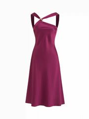 Satin Asymmetrical Neck Wrap Metal Detail Flared Maxi Dress