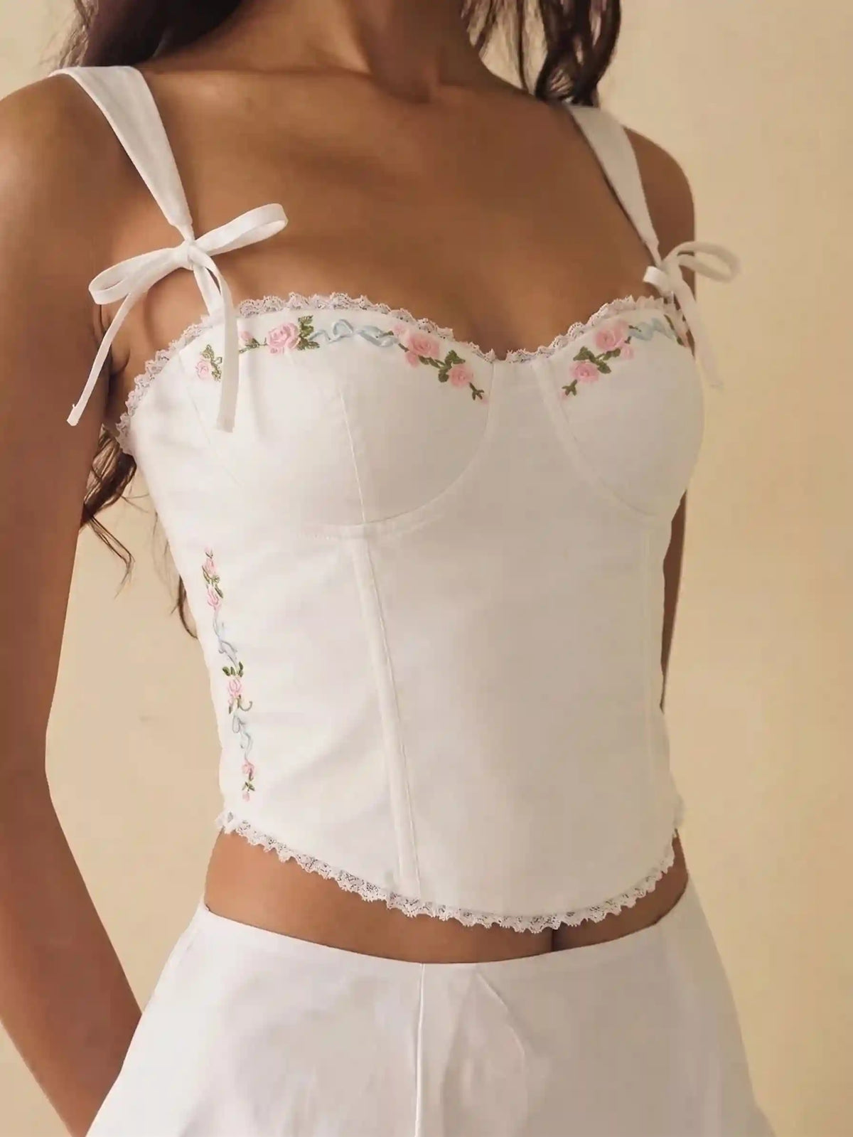 Cotton-blend Sweetheart Floral Embroidery Bowknot Cami Top