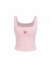 Floral Graphic Square Neck Lace Trim Rhinestone Slim Crop Tank Top