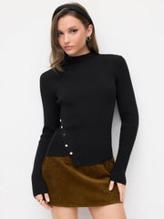 Knit Stand Collar Long Sleeve Metal Button Asymmetrical Top
