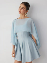 Chiffon Lace Trim Cape & Square Neck Flared Mini Dress Set