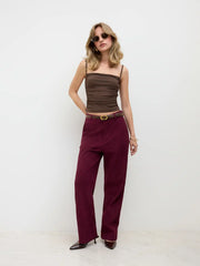 Corduroy Mid Rise Belted Straight Leg Pants