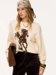 Oversized Horse Graphic Knit Long Sleeve Top