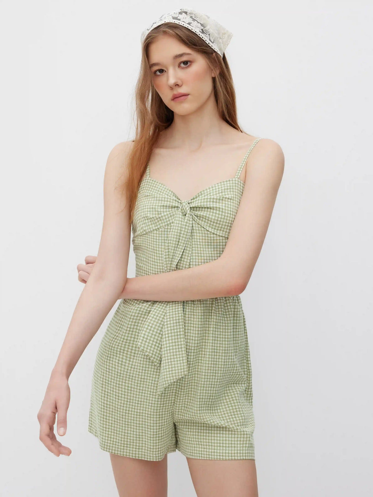 Cotton-blend Sweetheart Gingham Shirred Knotted Romper