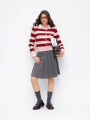 Cable Knit Striped Cherry Embroidery Round Neckline Long Sleeve Cardigan