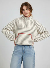 Fleece Stand Collar Striped Zip Through Contrasting Binding Oversized Sweatshirt