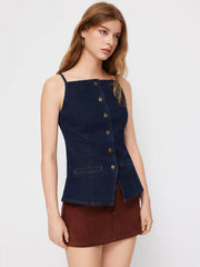 Stretch Denim Boat Neck Button Split Cami Top