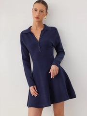 Knit Collar Button A-line Mini Dress