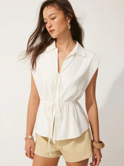Linen-blend Collar Drawstring Sleeveless Blouse