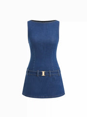 Denim High Rise Metal Button Belted Bodycon Mini Dress