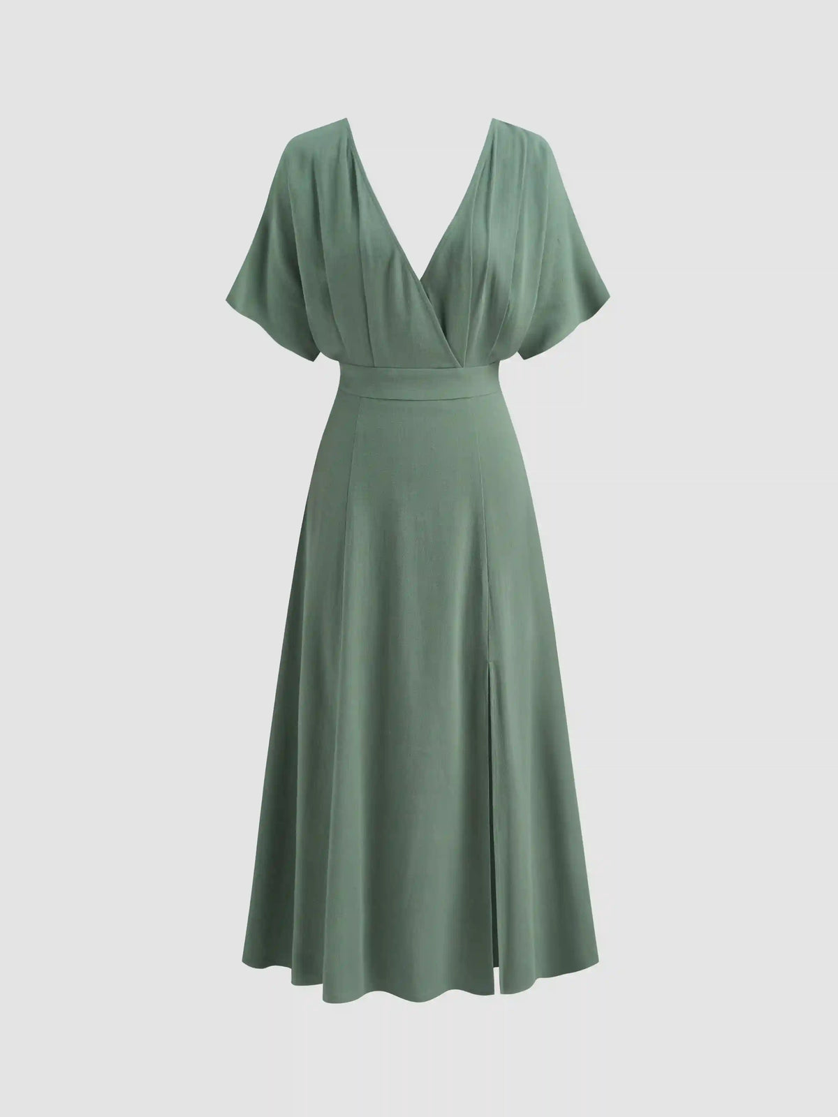 Linen-blend V-neck Solid Ruffle Split Maxi Dress