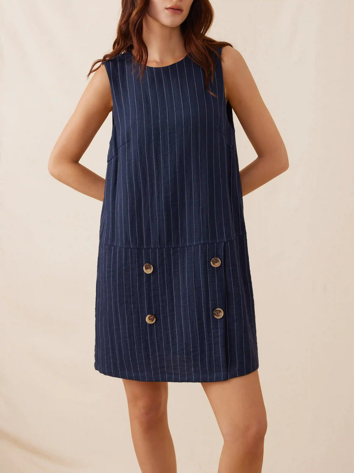 Woven Striped Buttons Sleeveless A-line Mini Dress