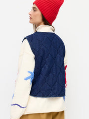 Denim V-neck Toggle Button Quilted Vest