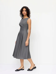 Boat Neck Pleated A-line Midi Cami Dress