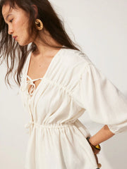 Linen-blend V-neck Drawstring Puff Middle Sleeve Oversized Blouse