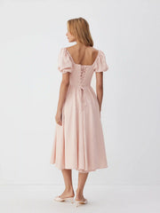 Linen-blend Sweetheart Neck Puff Sleeve Draped Lace Up Milkmaid Maxi Dress