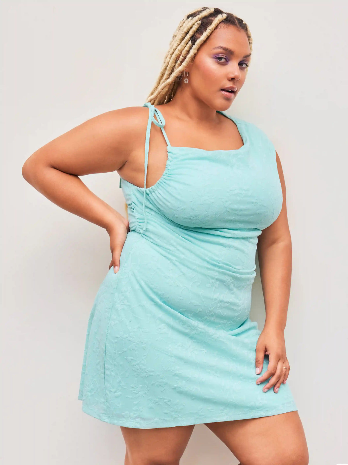 Asymmetrical Neck Floral Ruched Drawstring Mini Dress Curve & Plus