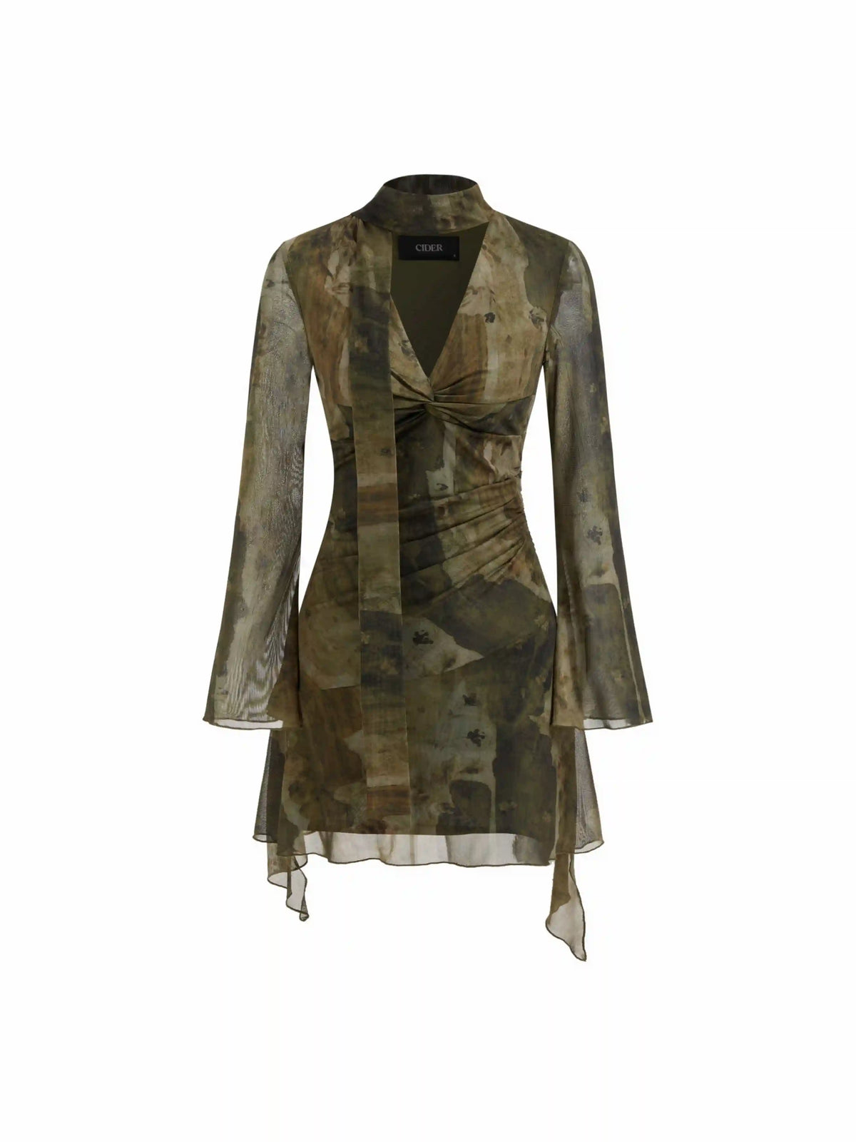 Mesh V-neck Abstract Knotted Twist Ruched Mini Dress