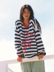 Knit Stripe Lobster Graphic Long Sleeve Contrasting Binding Oversized Sweater