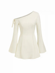 Asymmetrical Neck Bowknot Bell Sleeve Mini Dress