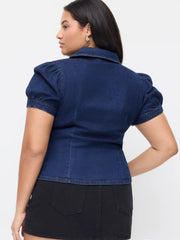 Stretch Denim Collar V-neck Short Sleeve Blouse Curve & Plus