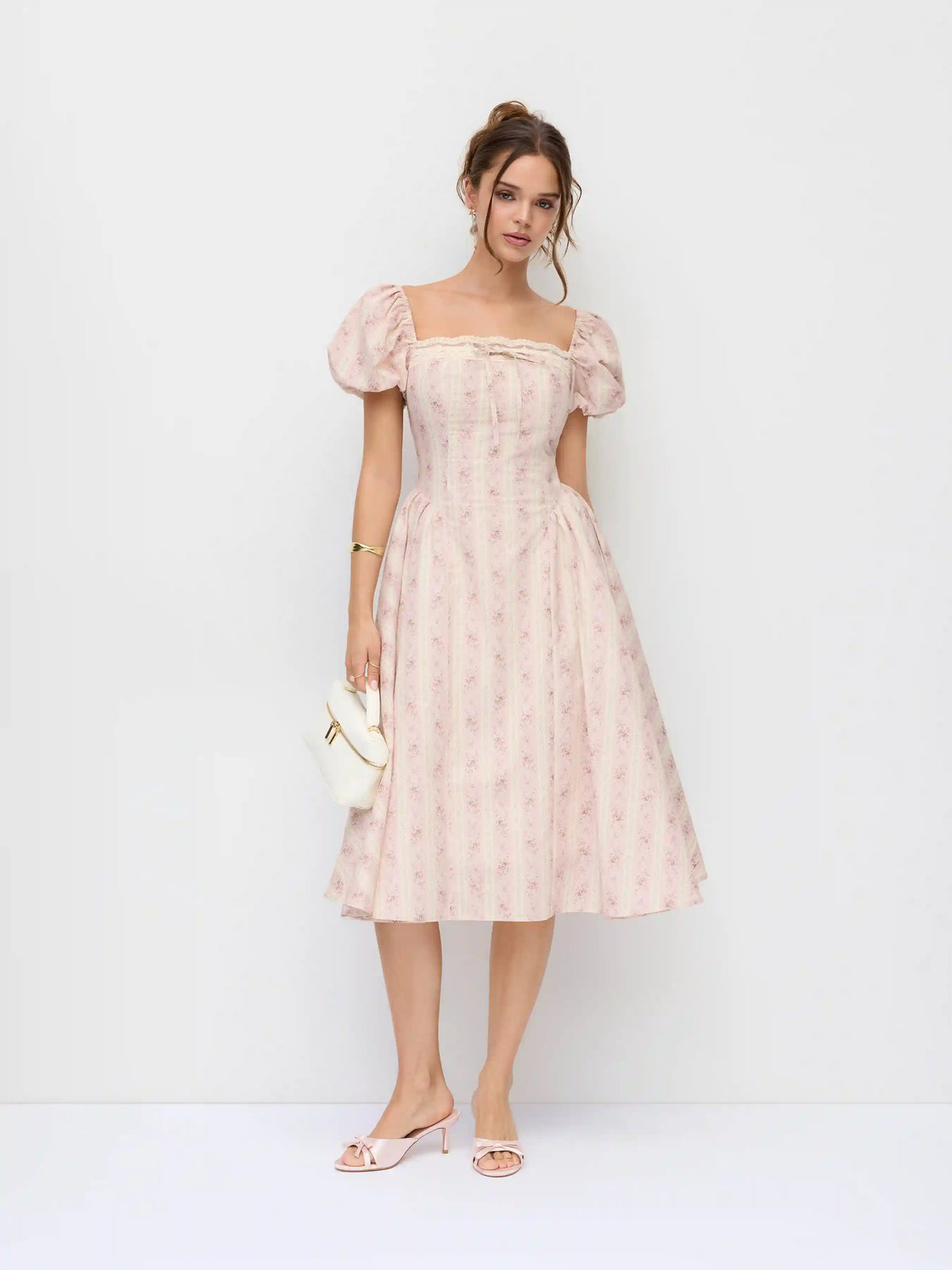 Cotton Floral Puff Sleeve Lace Trim Bowknot Flared Maxi Dress