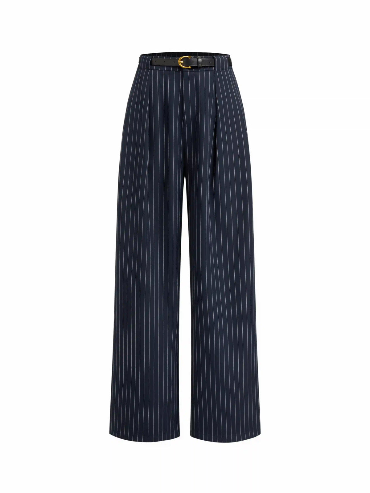 Mid Rise Striped Pleated Straight Leg Trousers With Belt