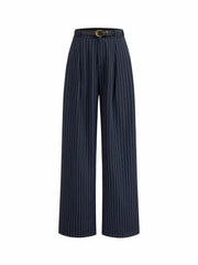 Mid Rise Striped Pleated Straight Leg Trousers With Belt