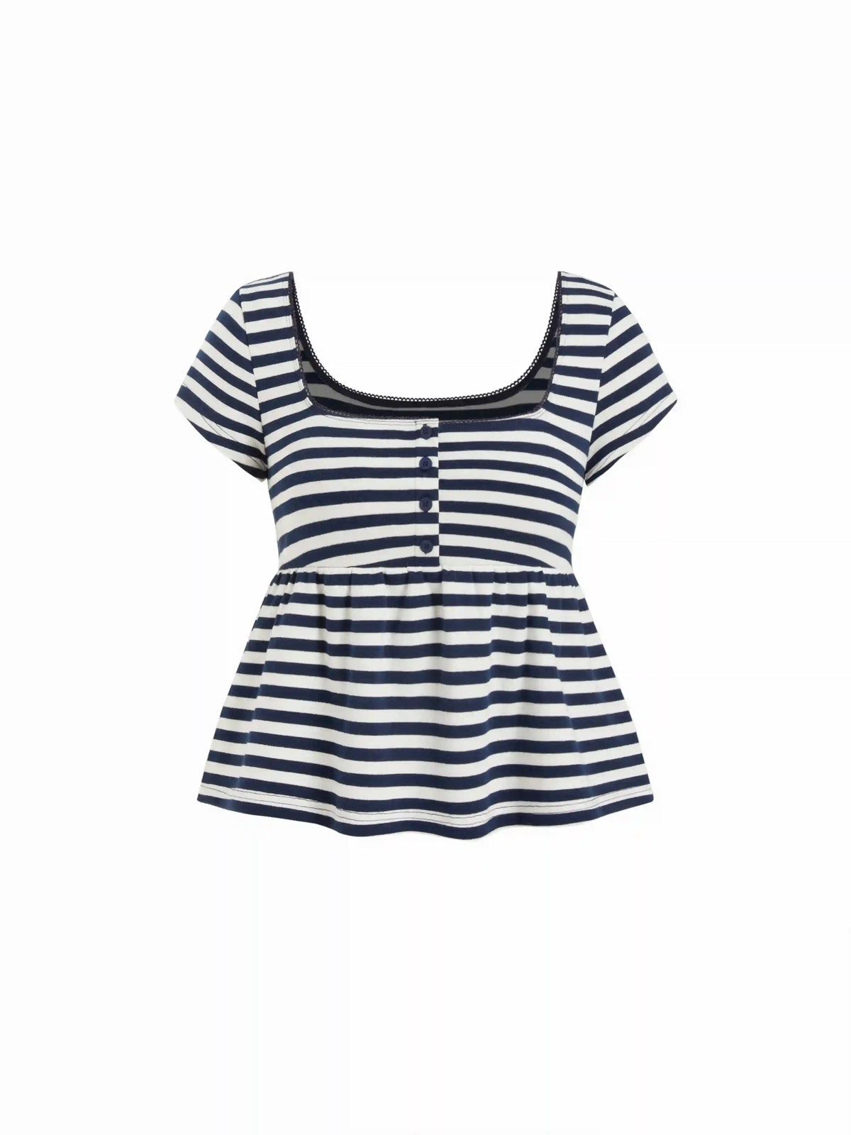 Cotton-blend Square Neck Stripe Button Lace Trim Peplum Hem Short Sleeve Tee