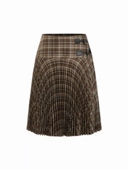 Low Rise Plaid Pleated Toggle Button Midi Skirt