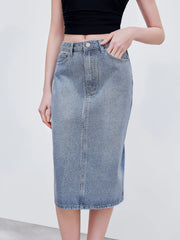 Cider Denim High Rise Rhinestone Split Maxi Skirt