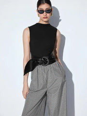 Cotton-blend Gingham High Neck Colorblock Mid Rise Wide Leg Jumpsuit With Belt