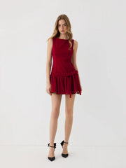 Velvet Boat Neck Ruffled & Bowknot Mini Dress