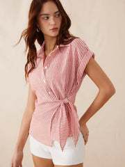Linen-blend Stripes Asymmetrical Tie-front Blouse