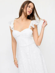 Cotton-blend Broderie Anglaise Sweetheart Ruffle Sleeve Flared Maxi Dress