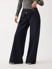 Denim Mid Rise Asymmetrical Mental Button Wide Leg Trousers