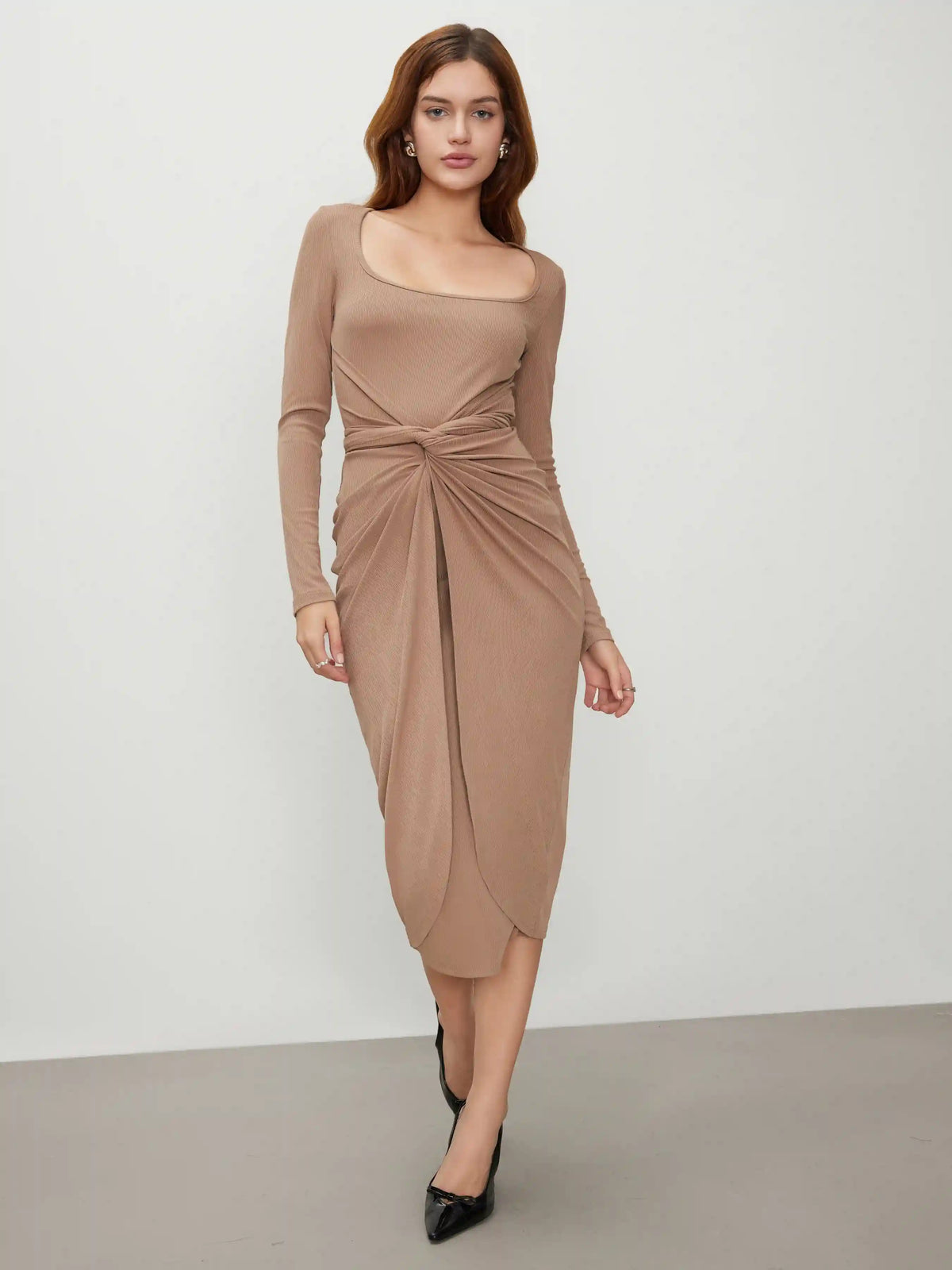 Rib Knit Square Neck Solid Twist Maxi Dress
