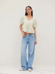 Cotton-blend V-neck Floral Tie Front Blouse