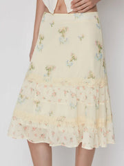 Chiffon Ditsy Floral Low Rise Tiered Lace Trim Midi Skirt