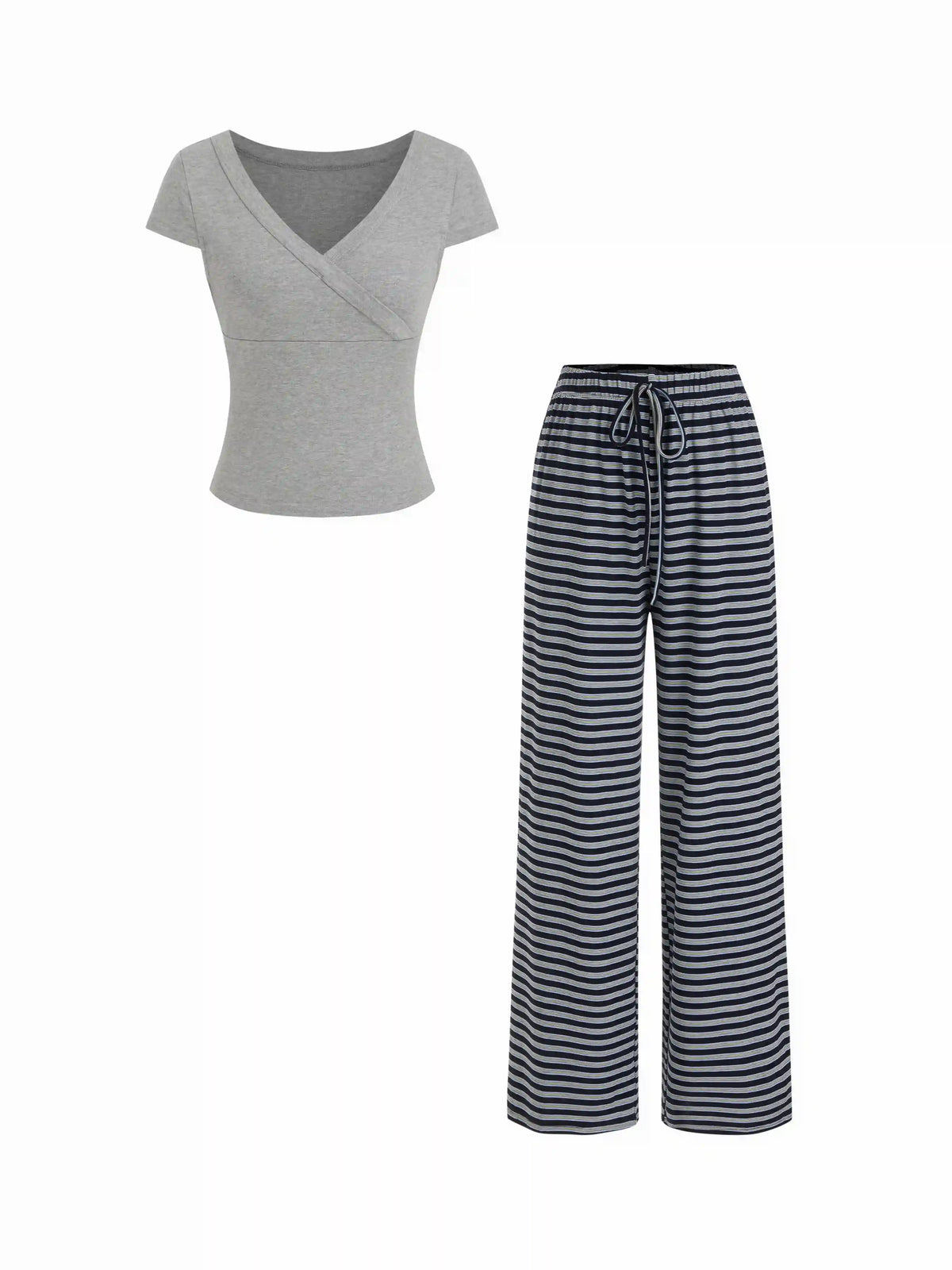 V-Neck Striped Top & Mid Rise Drawstring Wide Leg Trousers Set
