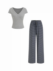 V-Neck Striped Top & Mid Rise Drawstring Wide Leg Trousers Set