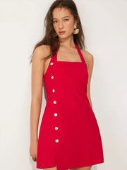 Linen-blend Halter Neck Asymmetrical Button Detail A-line Mini Dress