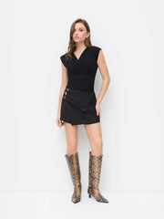 Mid Rise Asymmetrical Ruched Metal Detail Mini Skort