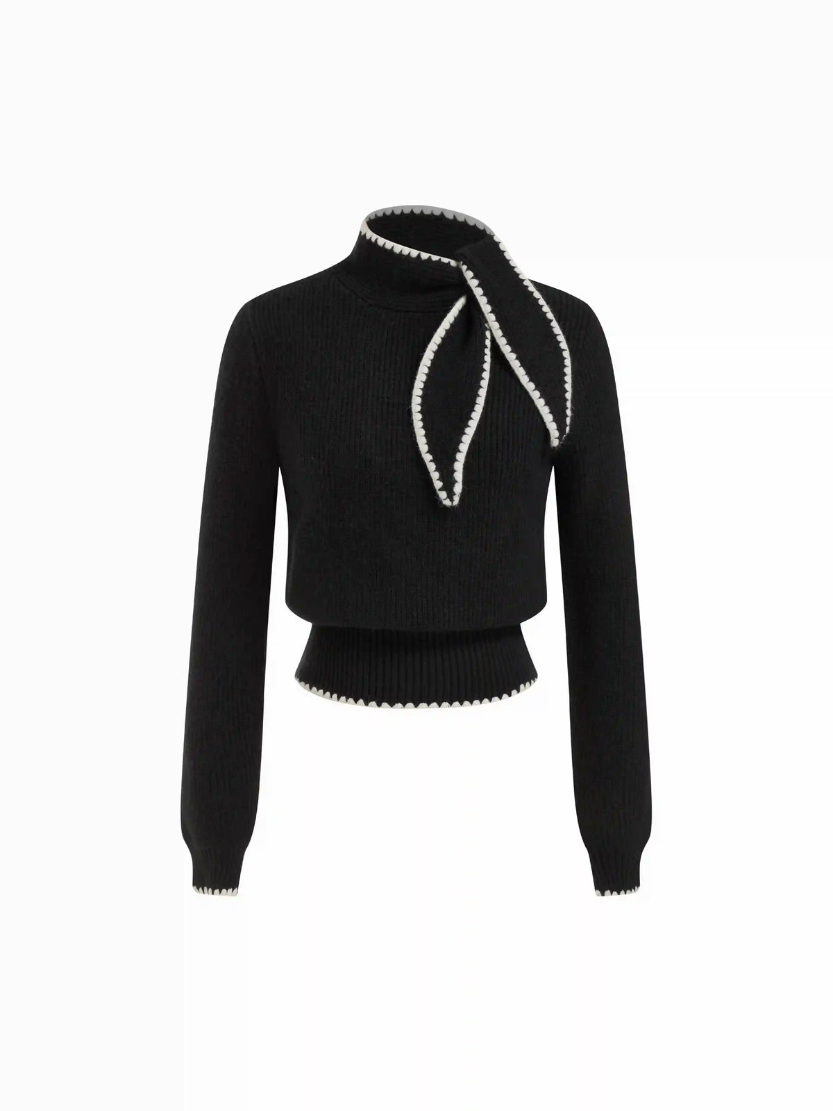 Knit High Neck Bowknot Contrasting Binding Top