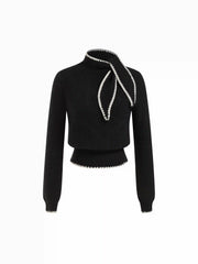 Knit High Neck Bowknot Contrasting Binding Top